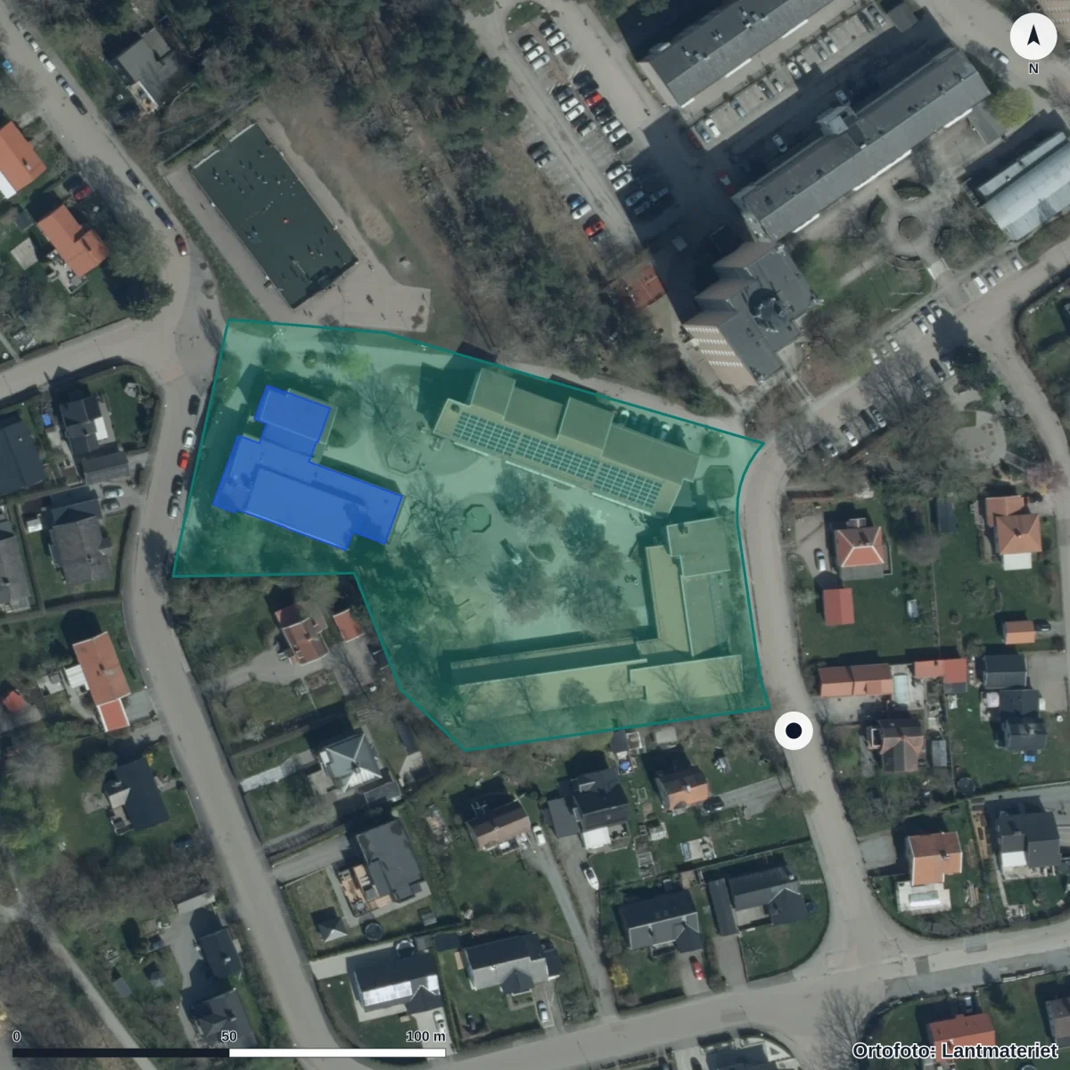 Aerial view of Rombergaskolan, orthophoto from Lantmäteriet