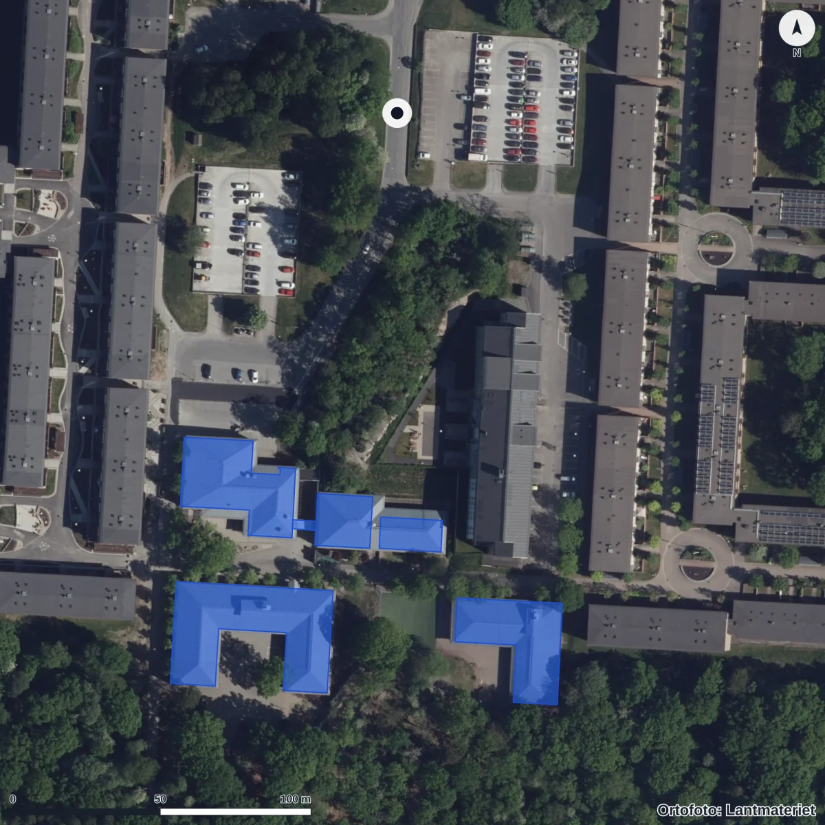 Flygbild över Säteriskolan, ortofoto från Lantmäteriet