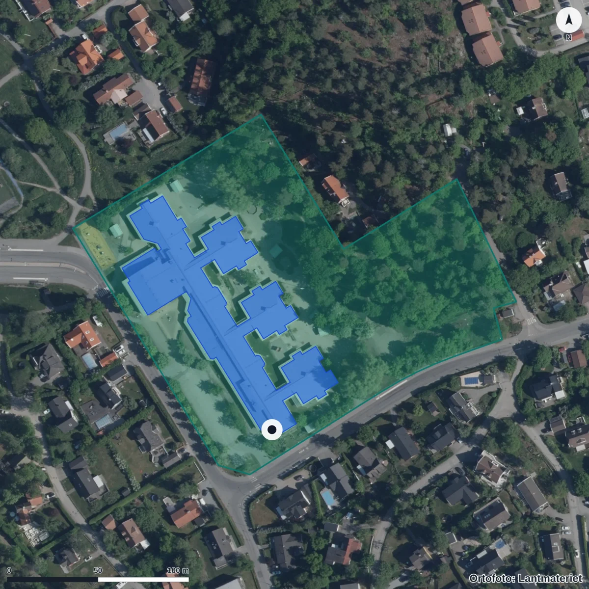 Aerial view of Runbackaskolan, orthophoto from Lantmäteriet