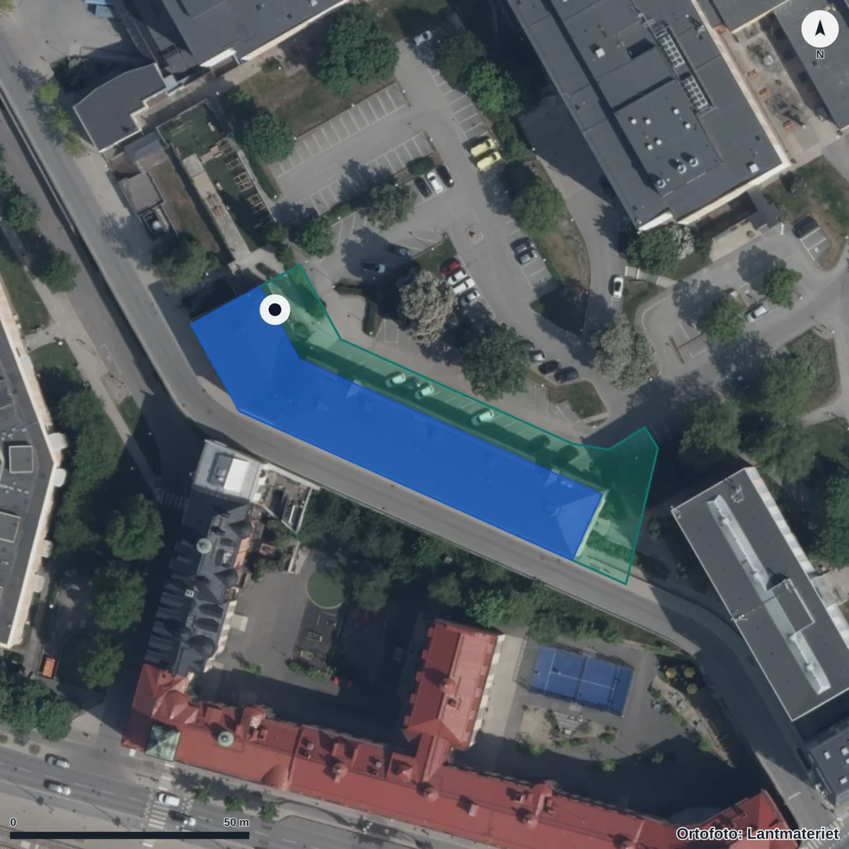 Aerial view of NTI Gymnasiet Stockholm, orthophoto from Lantmäteriet