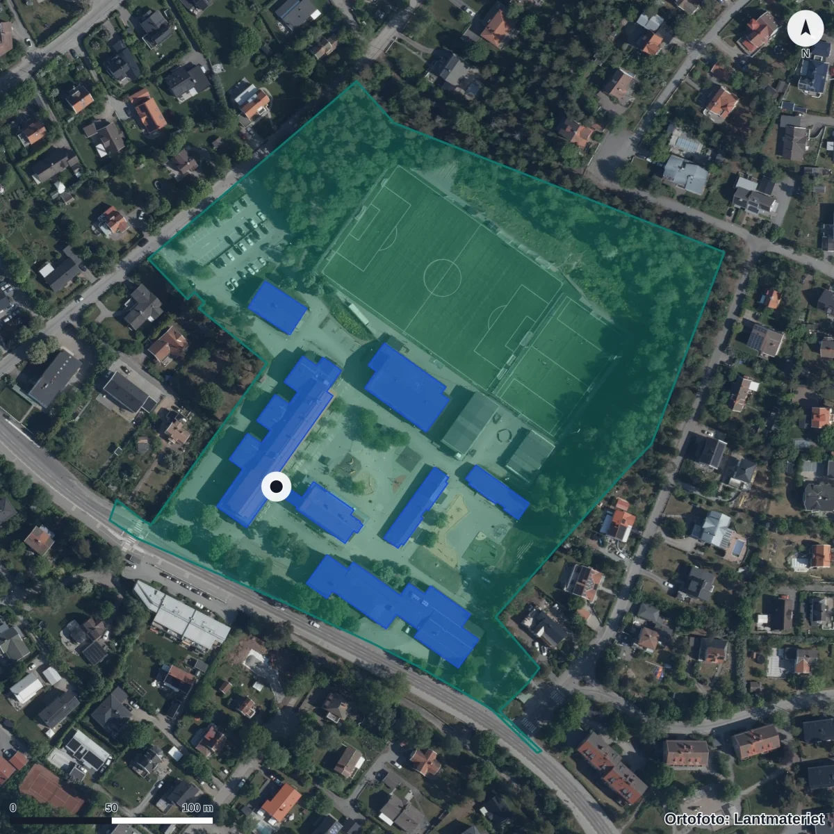 Aerial view of Helenelundsskolan, orthophoto from Lantmäteriet