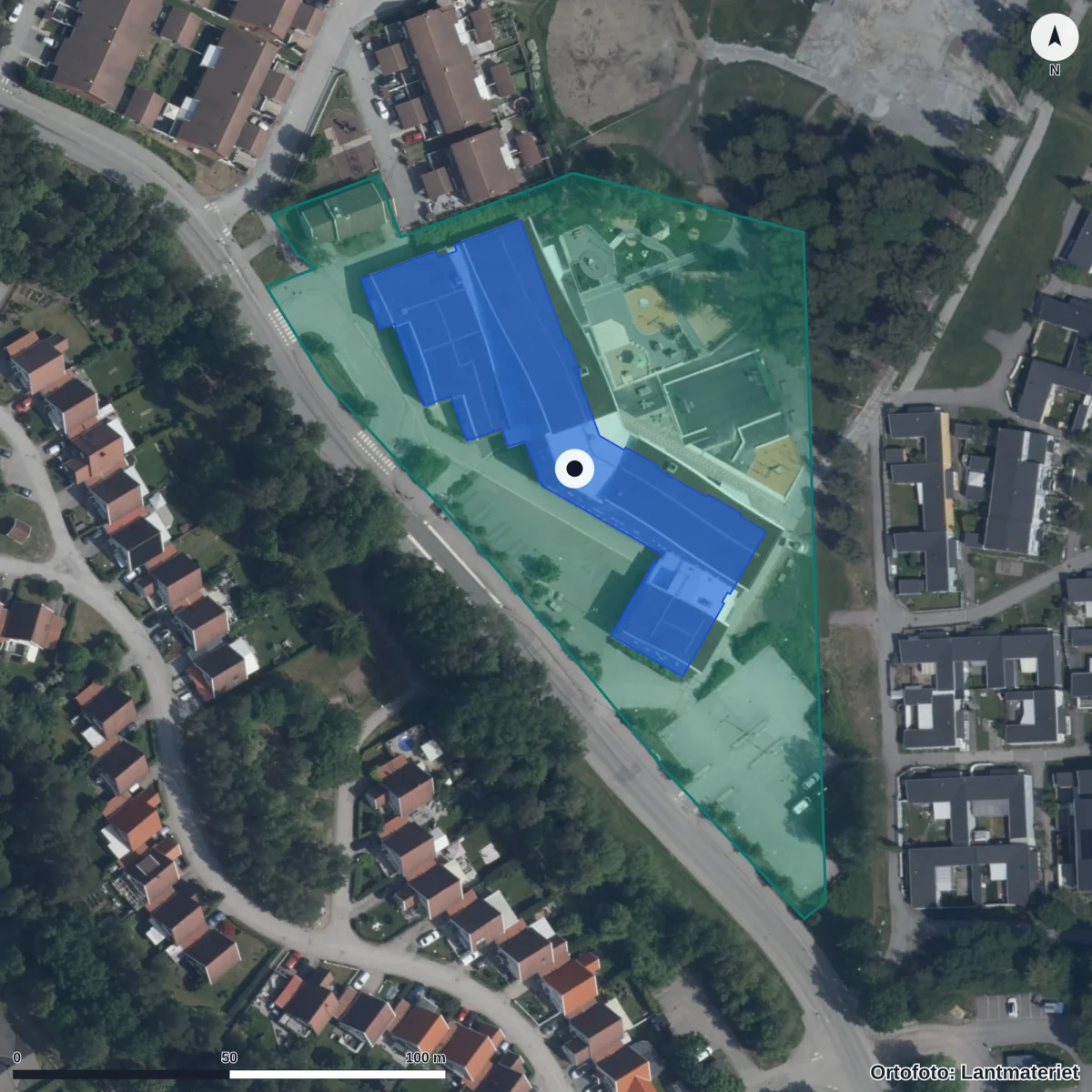 Flygbild över Galaxskolan, ortofoto från Lantmäteriet