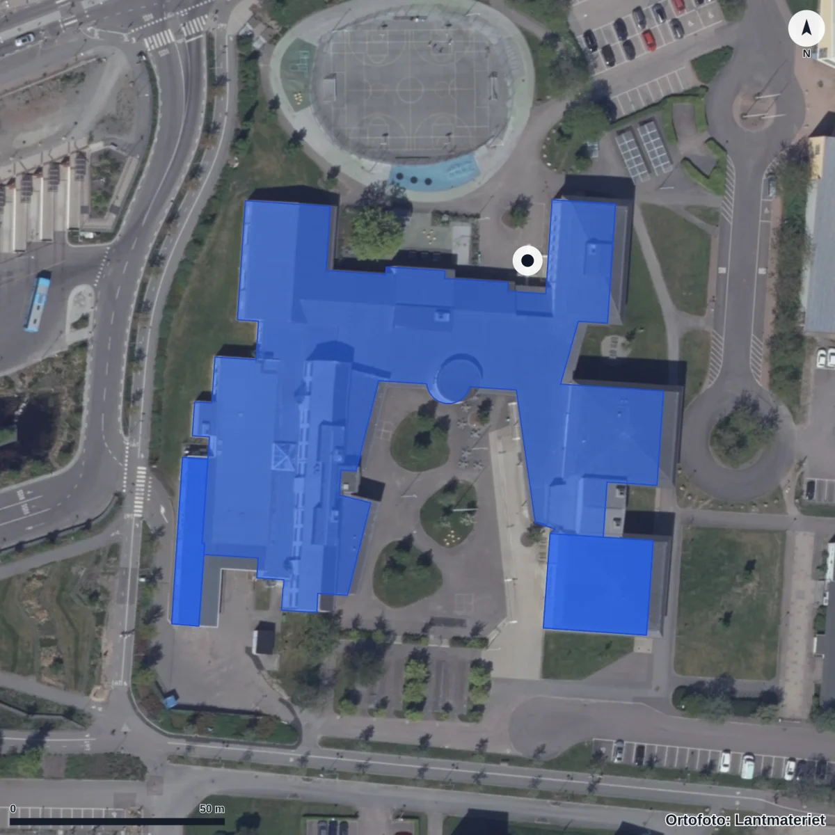 Flygbild över Thorildskolan, ortofoto från Lantmäteriet