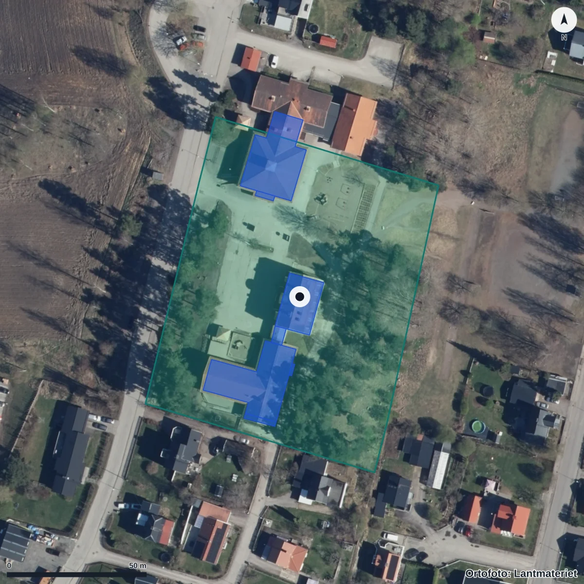 Flygbild över Resursskola, ortofoto från Lantmäteriet