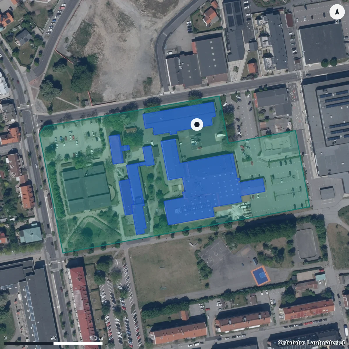 Flygbild över Ystad Gymnasium, ortofoto från Lantmäteriet