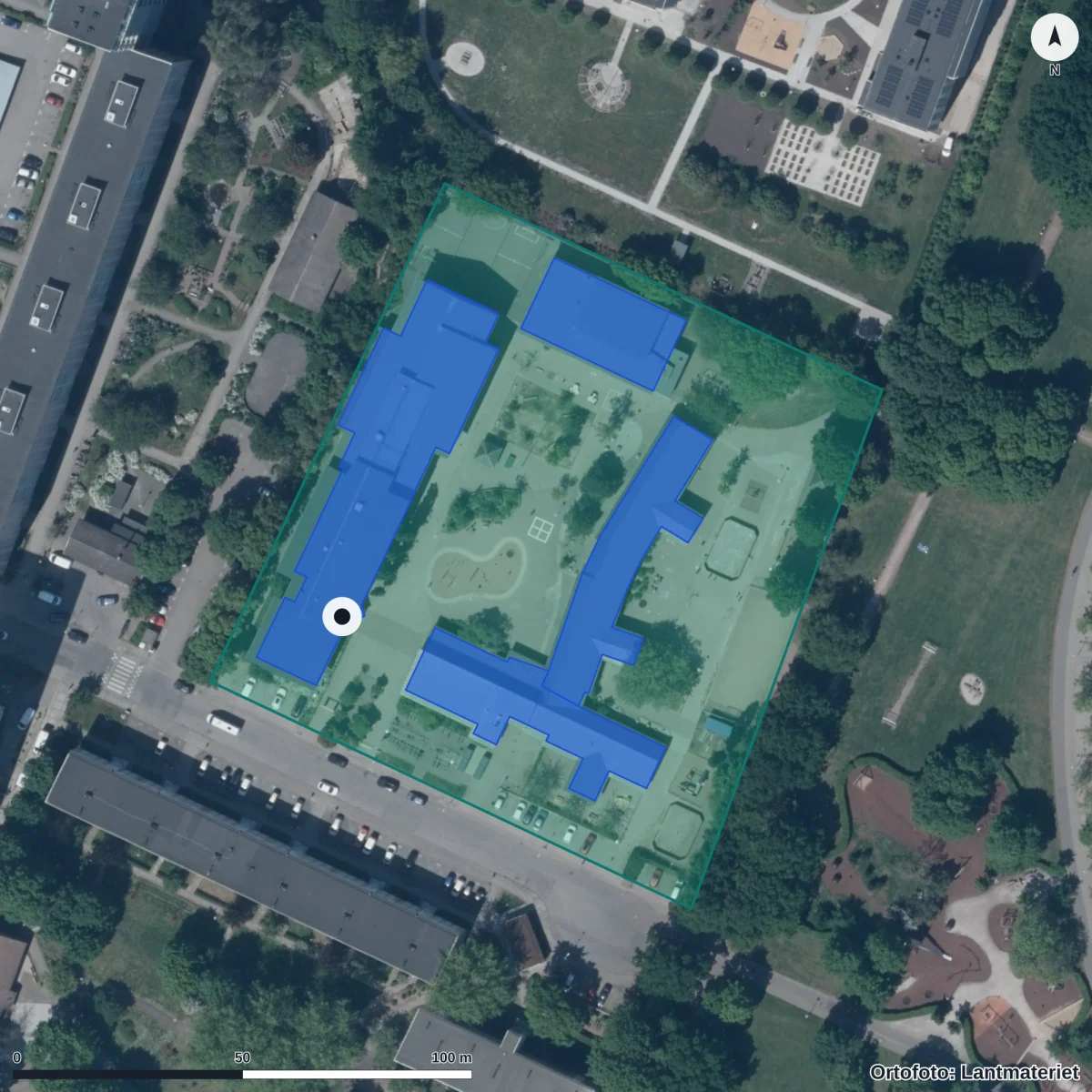 Aerial view of Lorensborgsskolan, orthophoto from Lantmäteriet