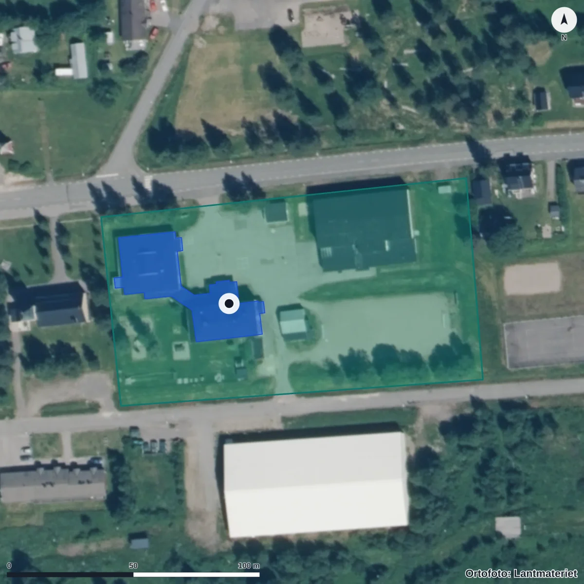Flygbild över Parkskolan, ortofoto från Lantmäteriet