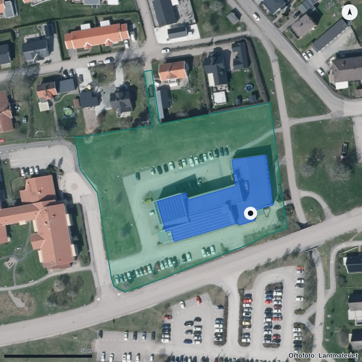 Flygbild över Vuxenutbildningen, ortofoto från Lantmäteriet