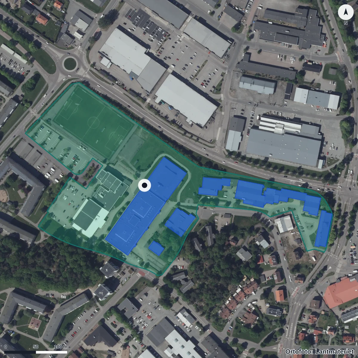 Aerial view of Alströmergymnasiet, orthophoto from Lantmäteriet