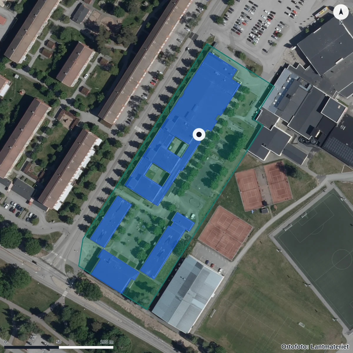 Flygbild över Ludvigsborgsskolan, ortofoto från Lantmäteriet