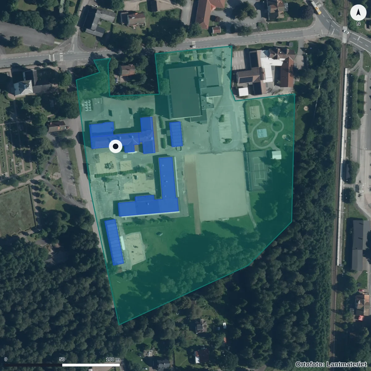 Flygbild över Vittsjö skola, ortofoto från Lantmäteriet