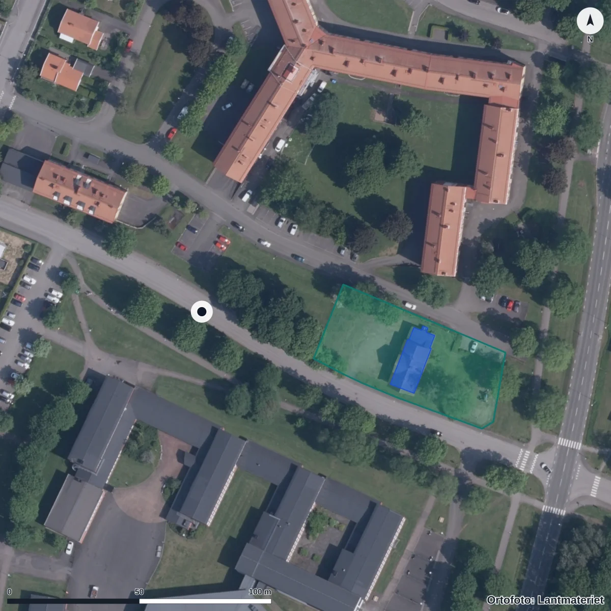 Aerial view of Ållebergsgymnasiet, orthophoto from Lantmäteriet