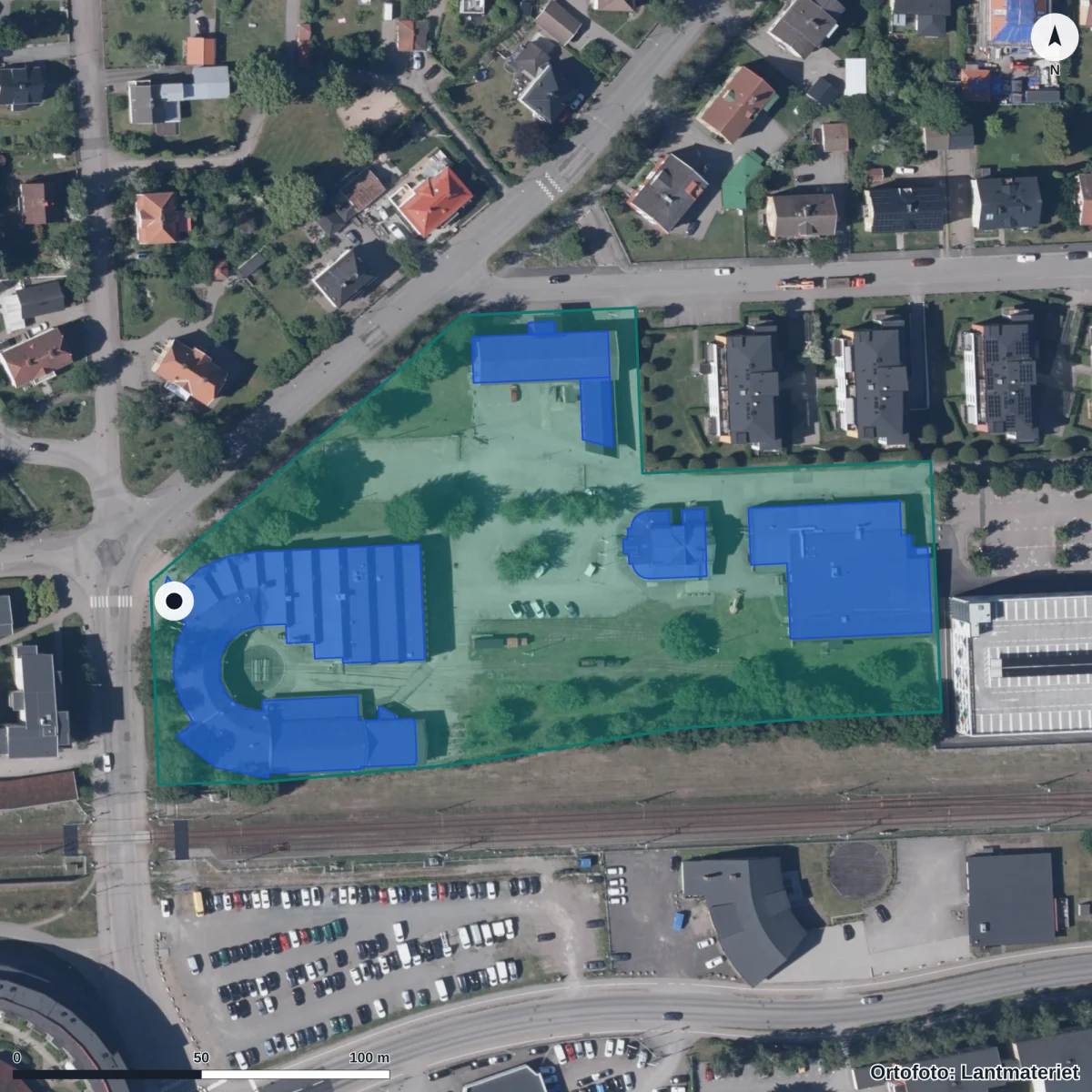 Aerial view of LBS Kreativa Gymnasiet Växjö, orthophoto from Lantmäteriet