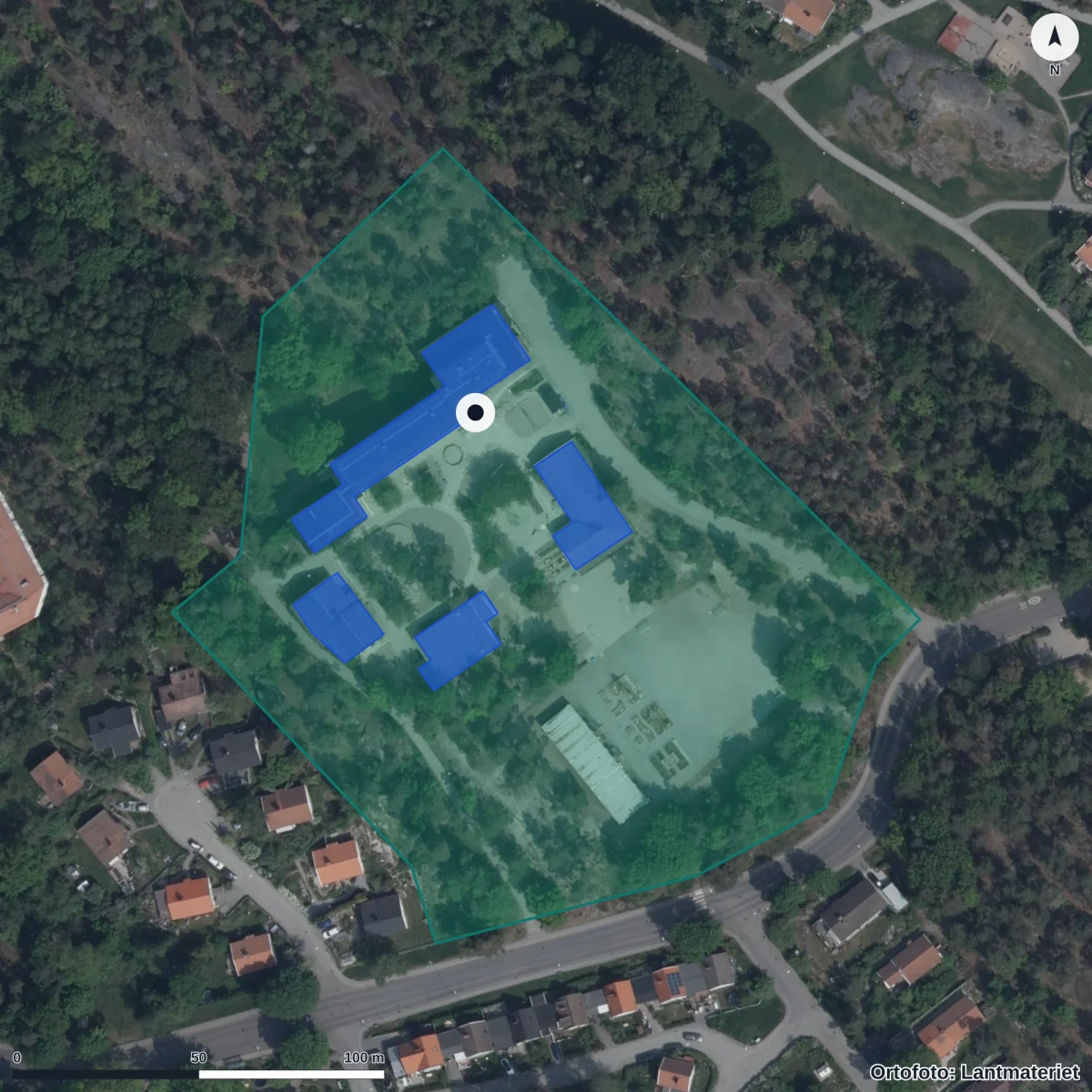 Aerial view of Brotorpsskolan, orthophoto from Lantmäteriet