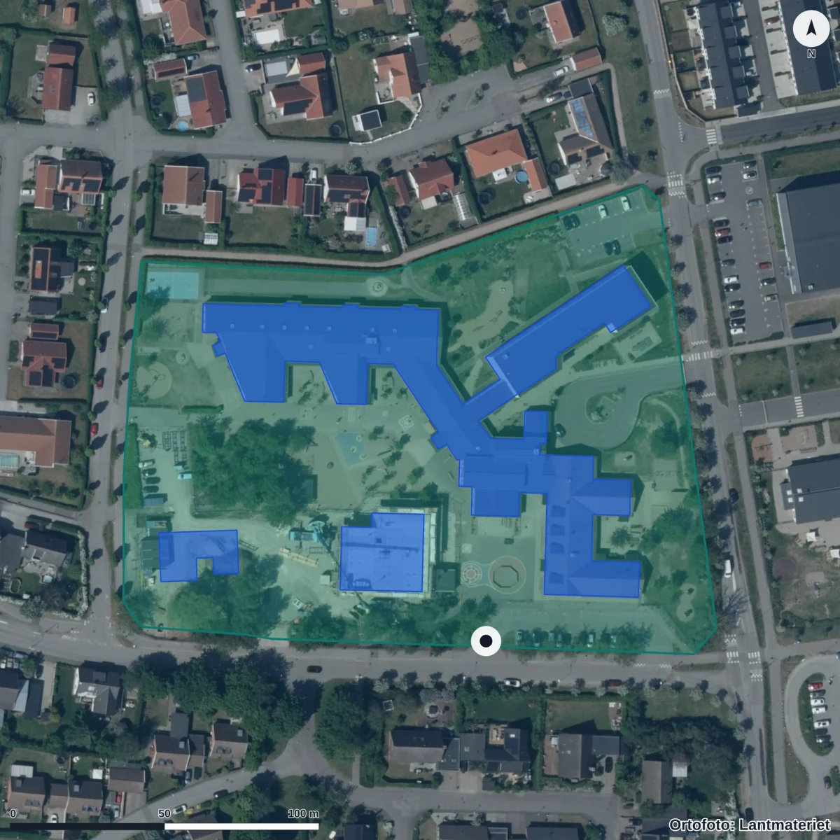 Flygbild över Skegrie skola, ortofoto från Lantmäteriet
