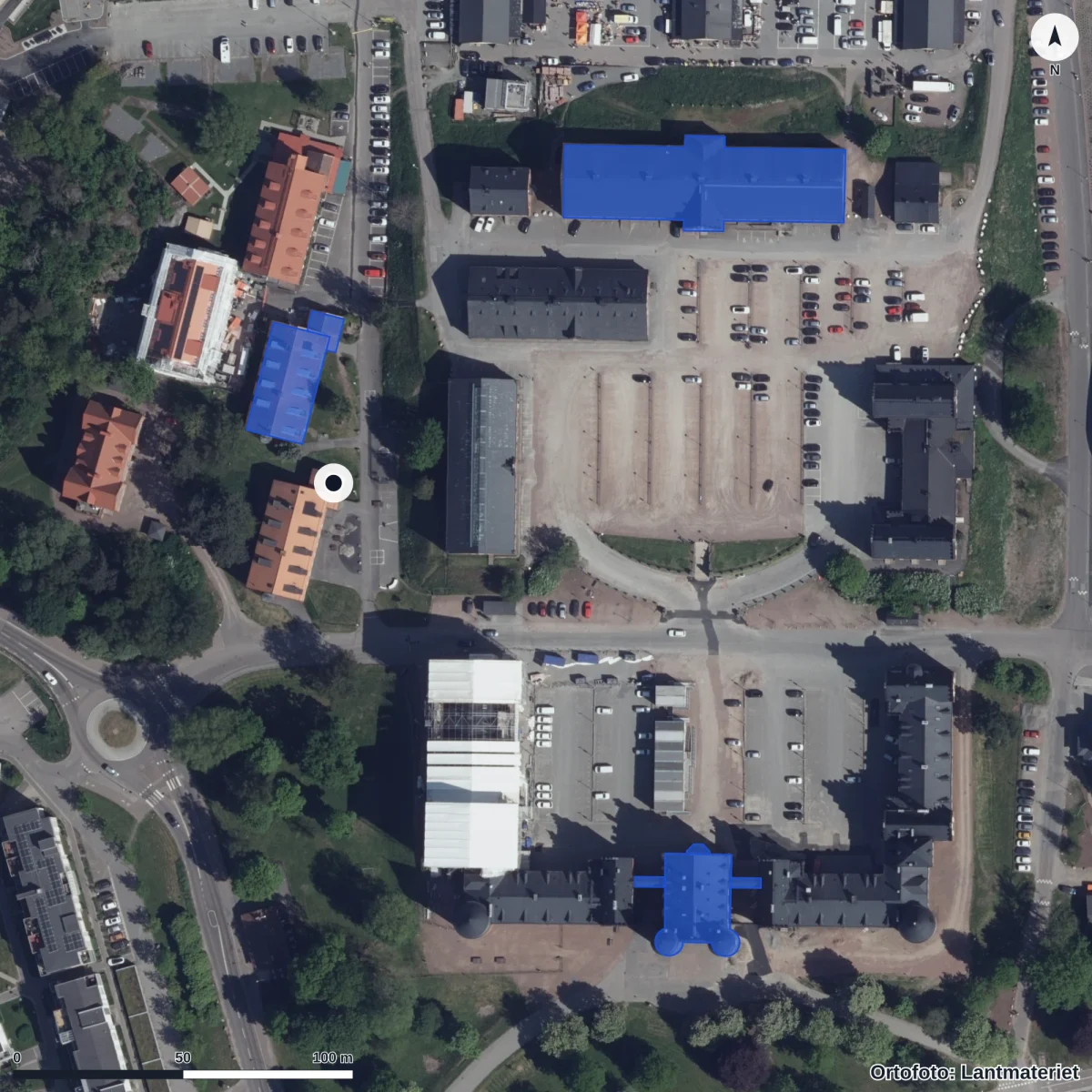 Flygbild över Noblaskolan Kviberg, ortofoto från Lantmäteriet