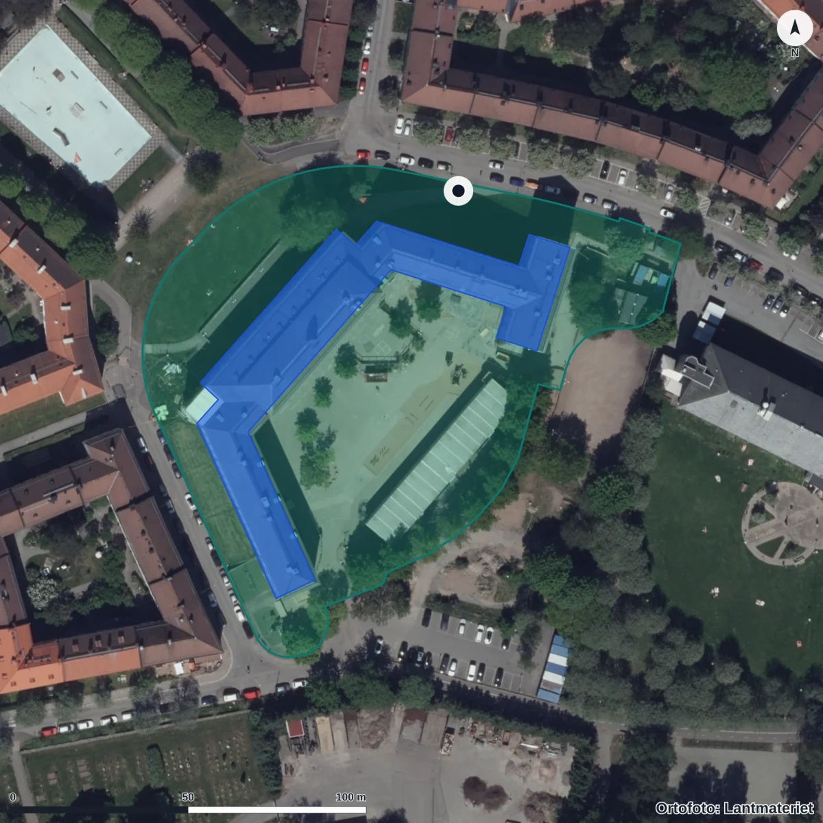 Aerial view of Kungsladugårdsskolan, orthophoto from Lantmäteriet
