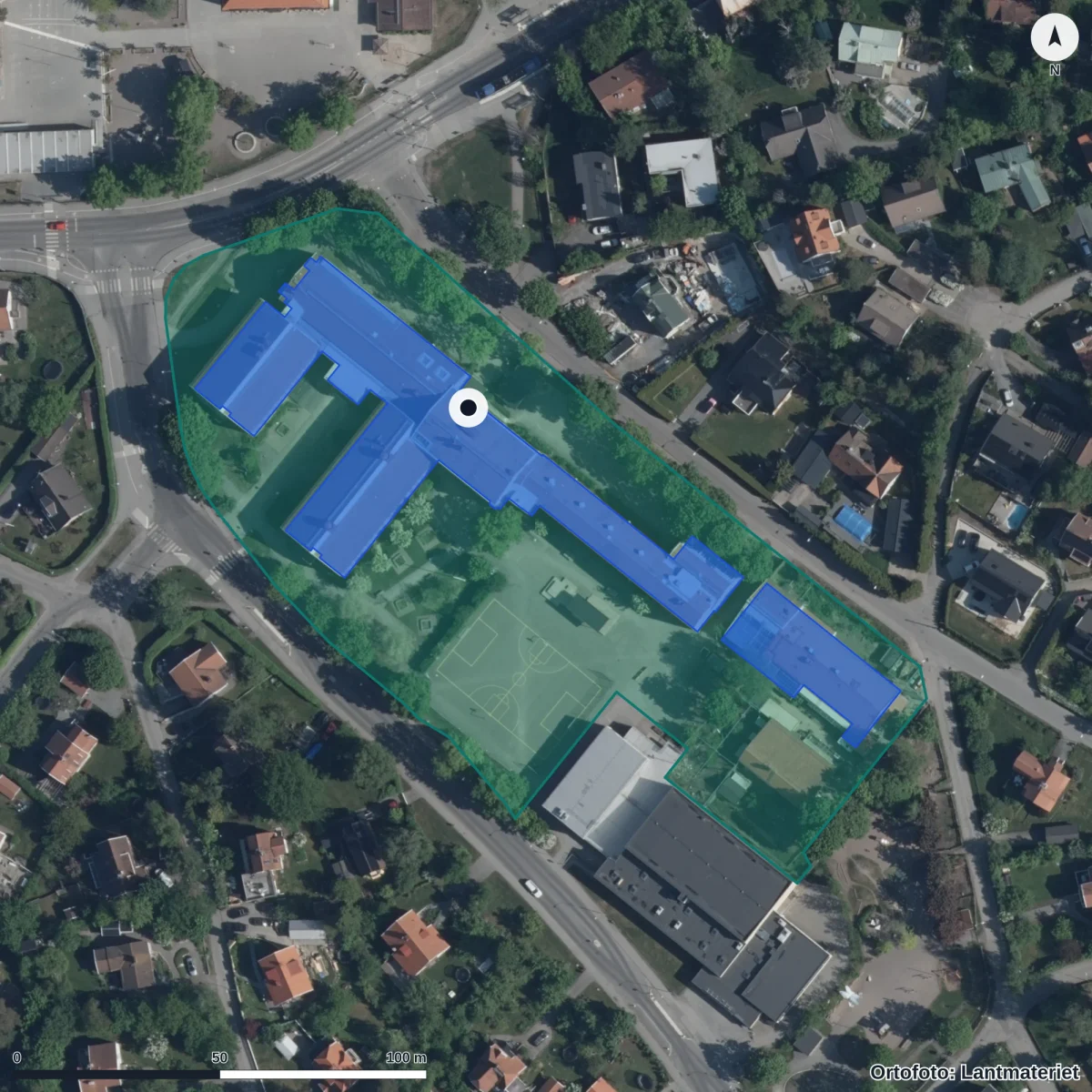 Aerial view of Spånga grundskola, orthophoto from Lantmäteriet