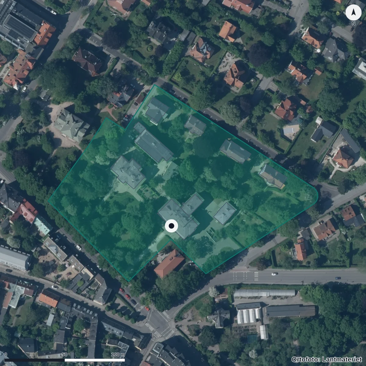 Flygbild över ProCivitas Privata Gymnasium Lund, ortofoto från Lantmäteriet