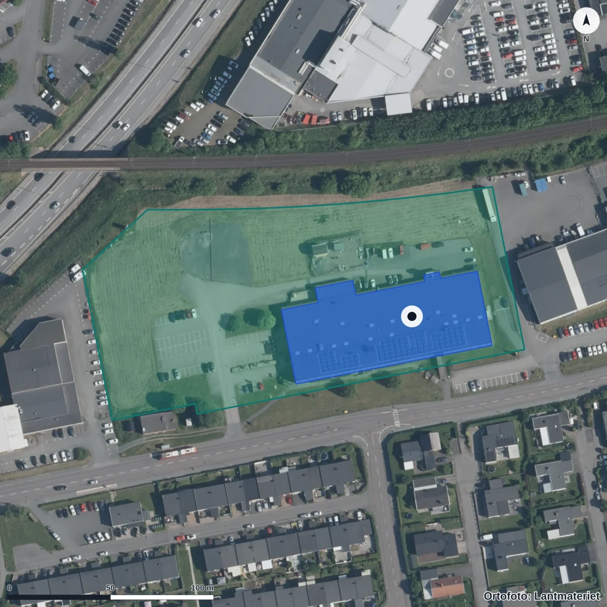 Flygbild över Praktiska Gymnasiet Jönköping, ortofoto från Lantmäteriet
