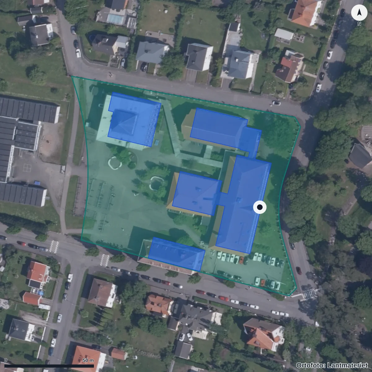 Aerial view of Högstadium Centrum, orthophoto from Lantmäteriet