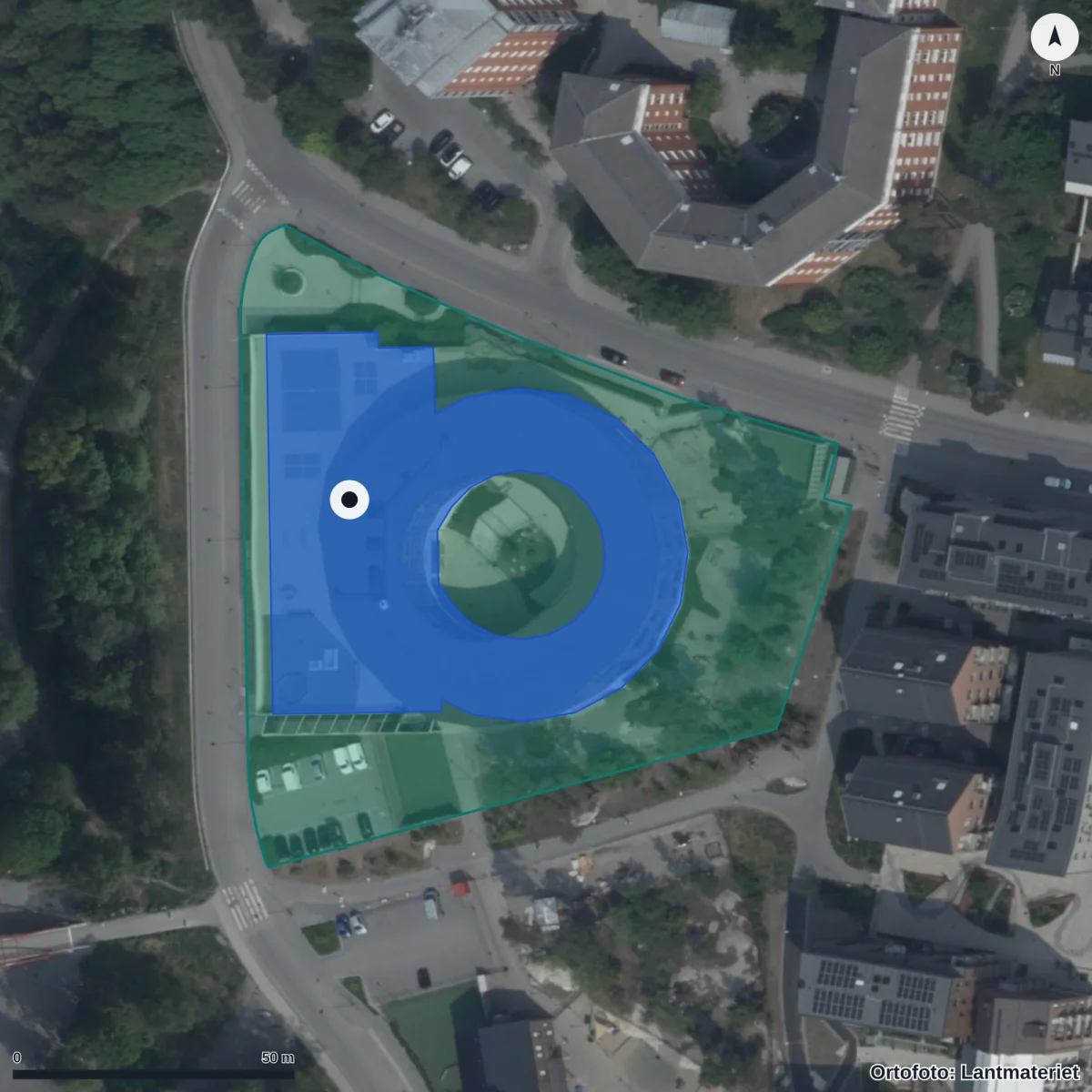 Flygbild över Innovitaskolan Rudan, ortofoto från Lantmäteriet