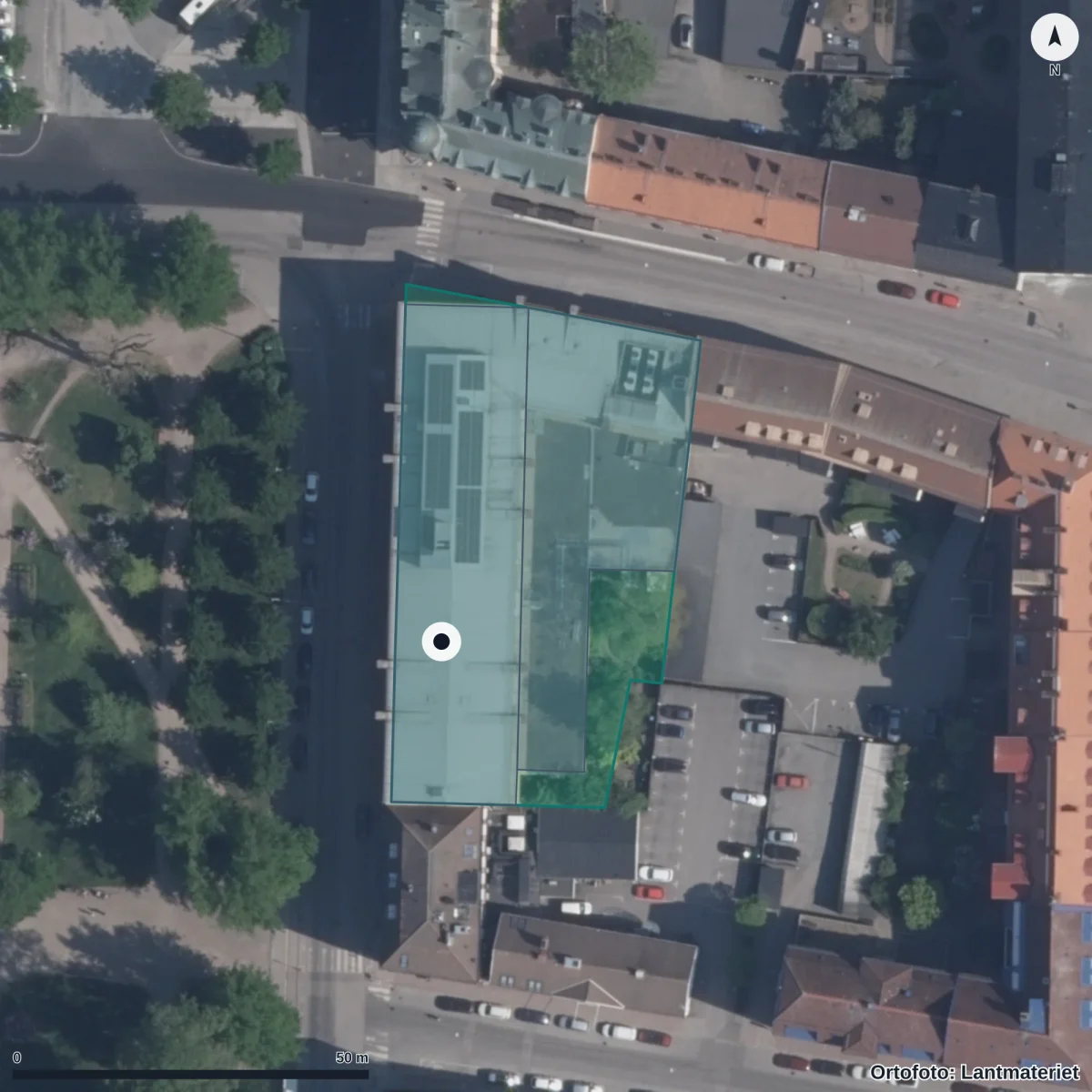 Flygbild över Vuxenutbildningen, ortofoto från Lantmäteriet