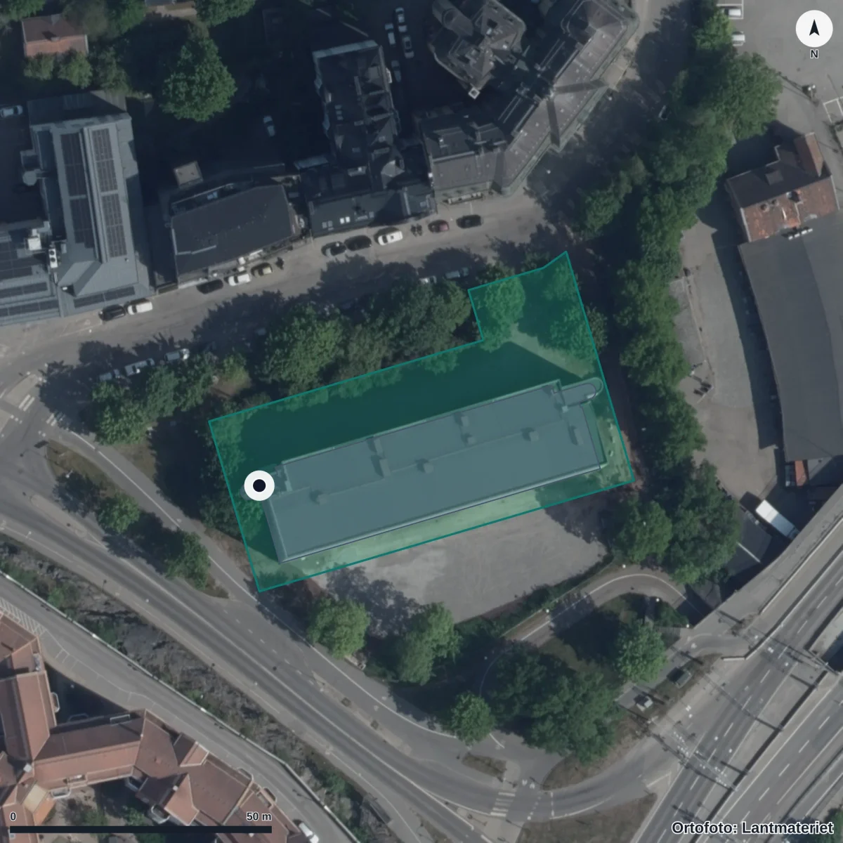 Flygbild över Komvux Liljeholmen, ortofoto från Lantmäteriet