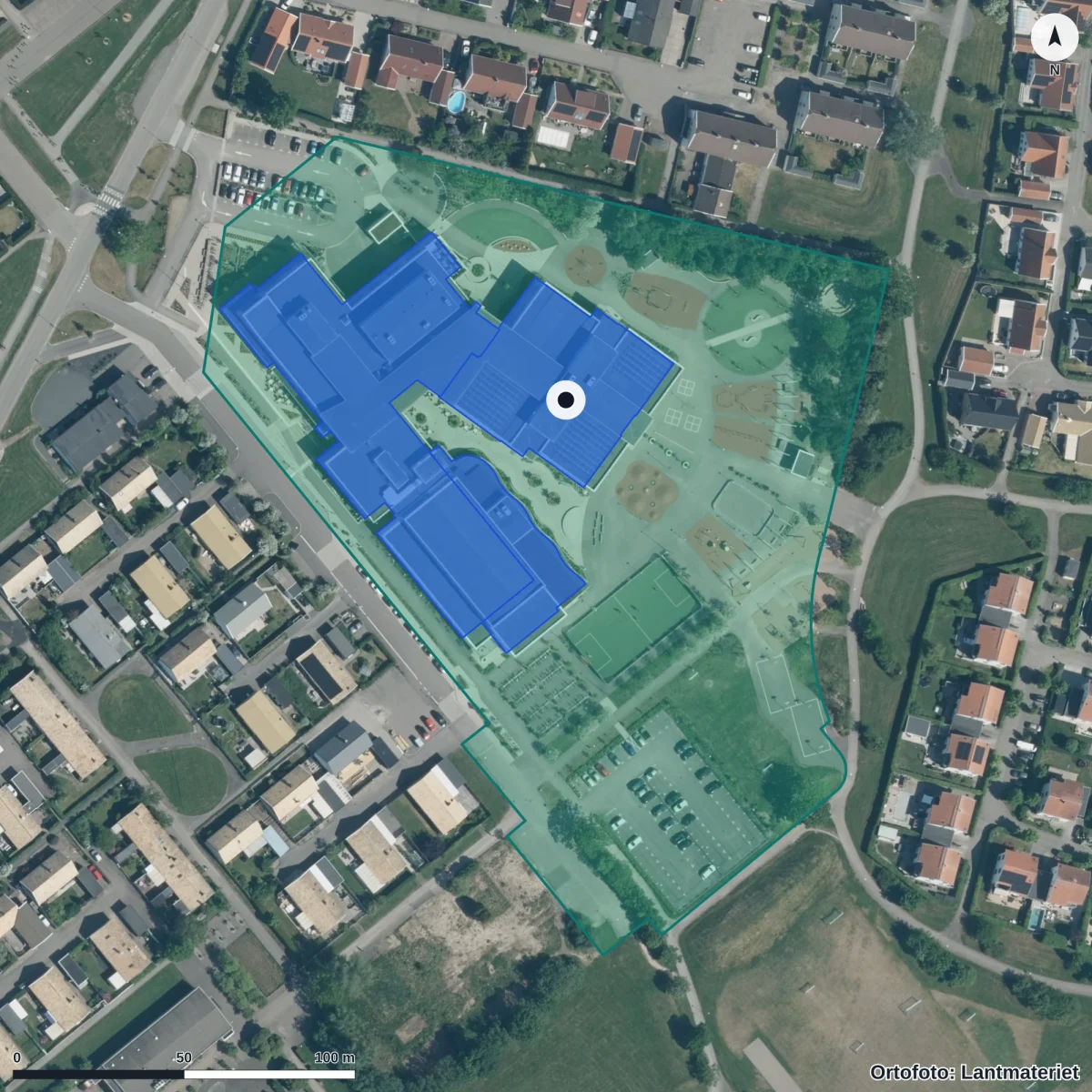 Aerial view of Vikenskolan, orthophoto from Lantmäteriet