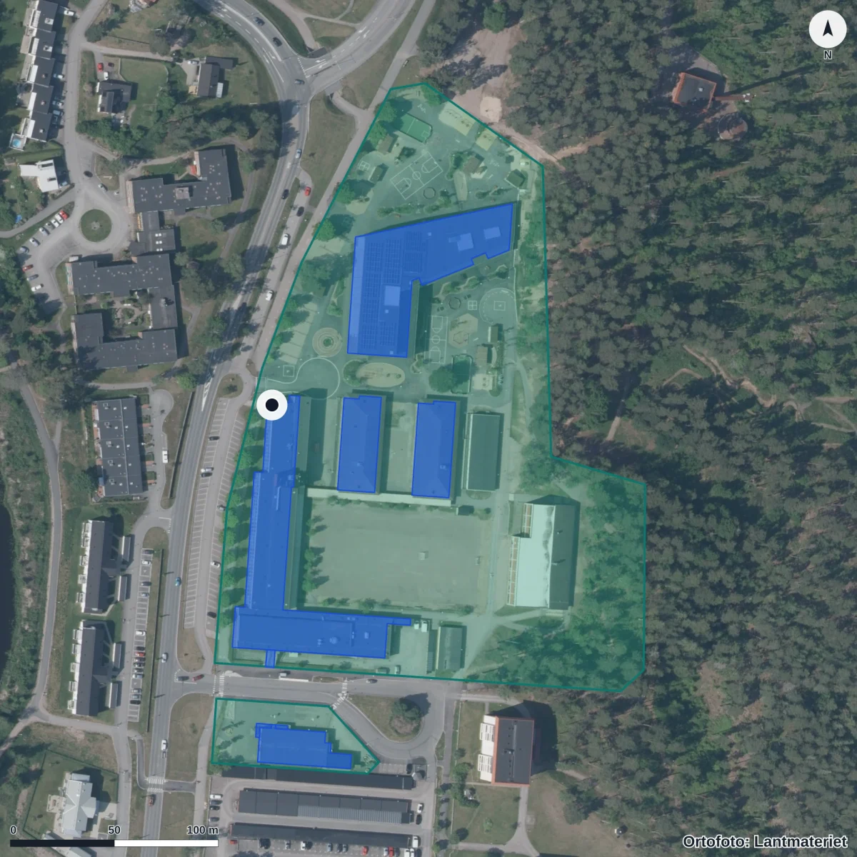 Aerial view of Junkaremålsskolan 7-9, orthophoto from Lantmäteriet