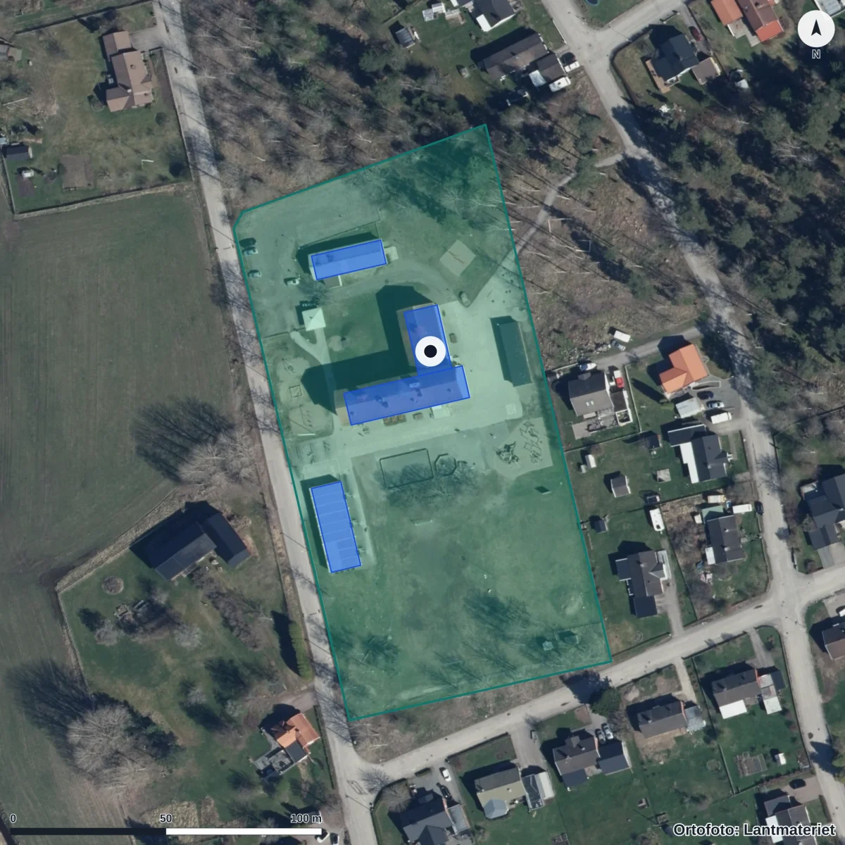Aerial view of Sätra skola, orthophoto from Lantmäteriet