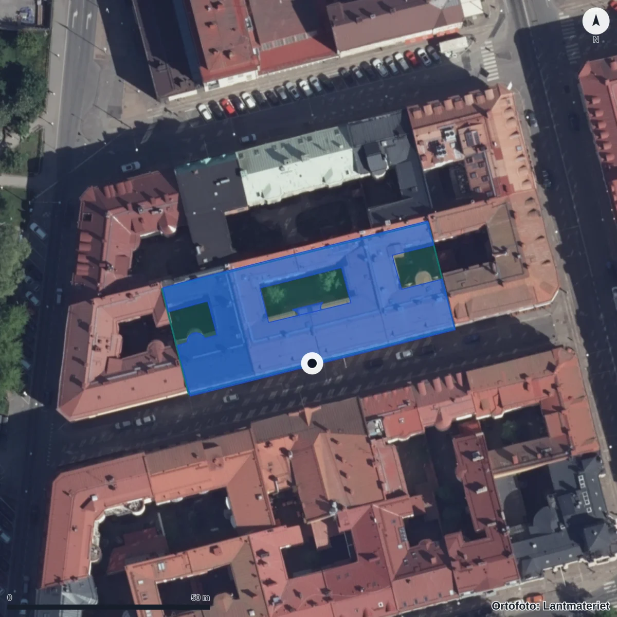 Aerial view of Sigrid Rudebecks Gymnasium, orthophoto from Lantmäteriet