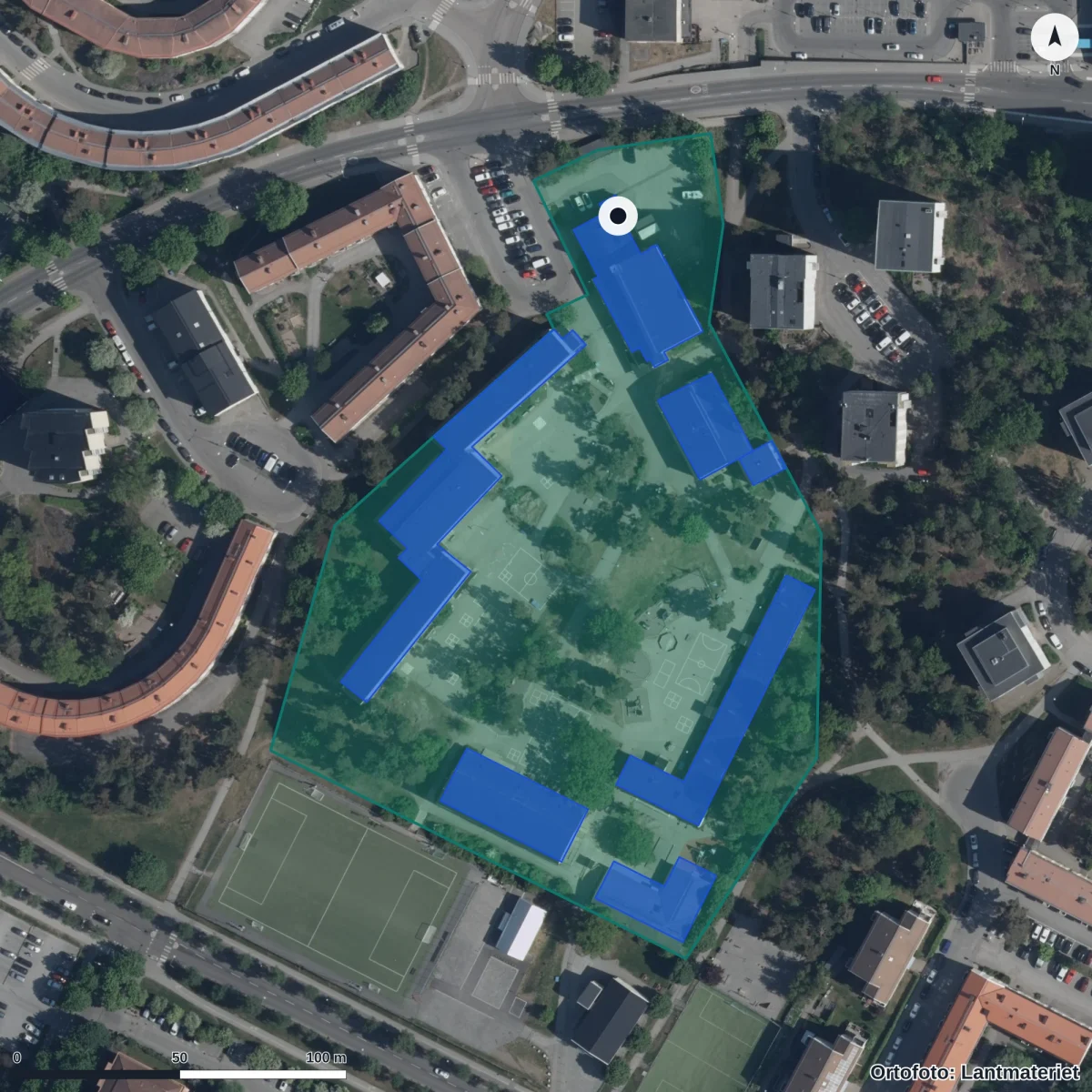 Flygbild över Fruängens skola, ortofoto från Lantmäteriet