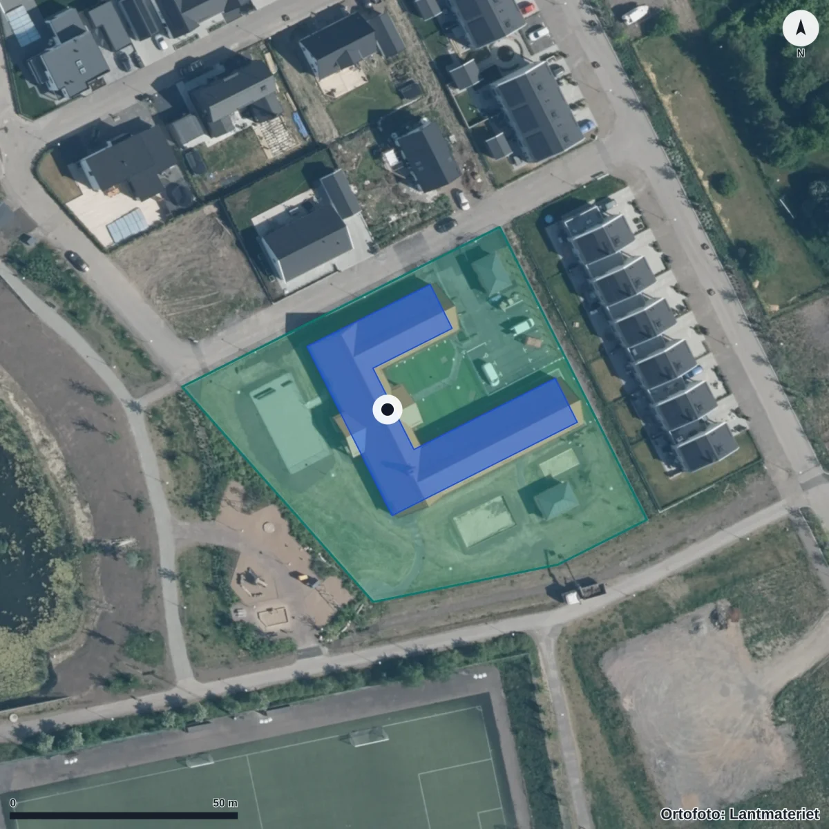 Flygbild över Dibber International School Helsingborg, ortofoto från Lantmäteriet