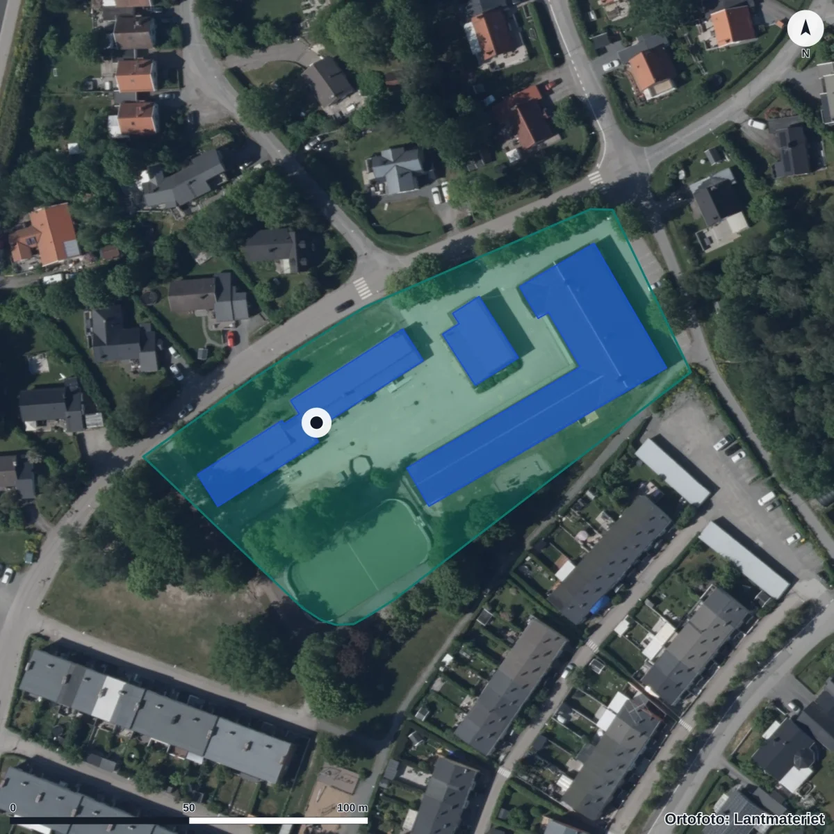 Aerial view of Åkerstorpsskolan, orthophoto from Lantmäteriet