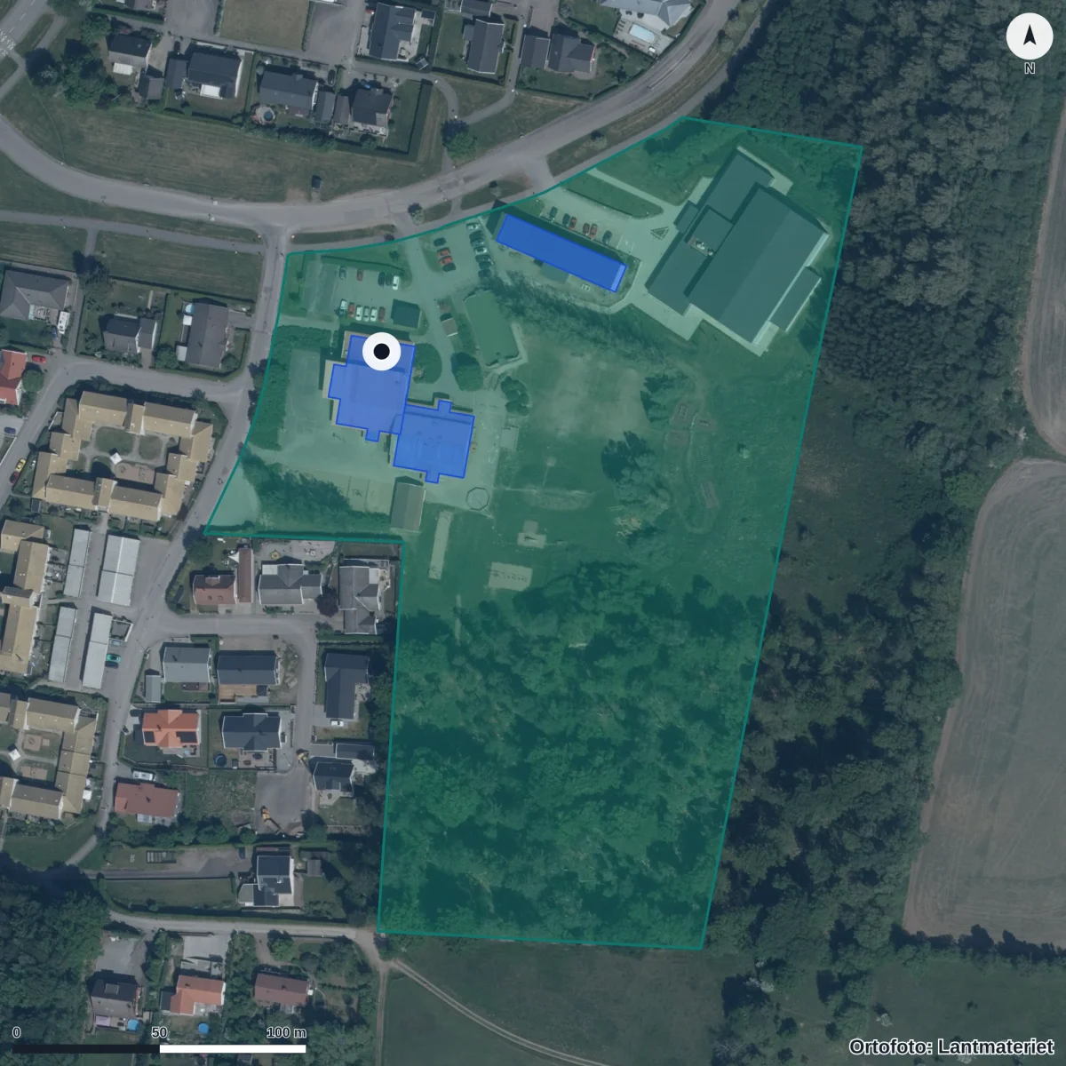Flygbild över Tingdalsskolan, ortofoto från Lantmäteriet