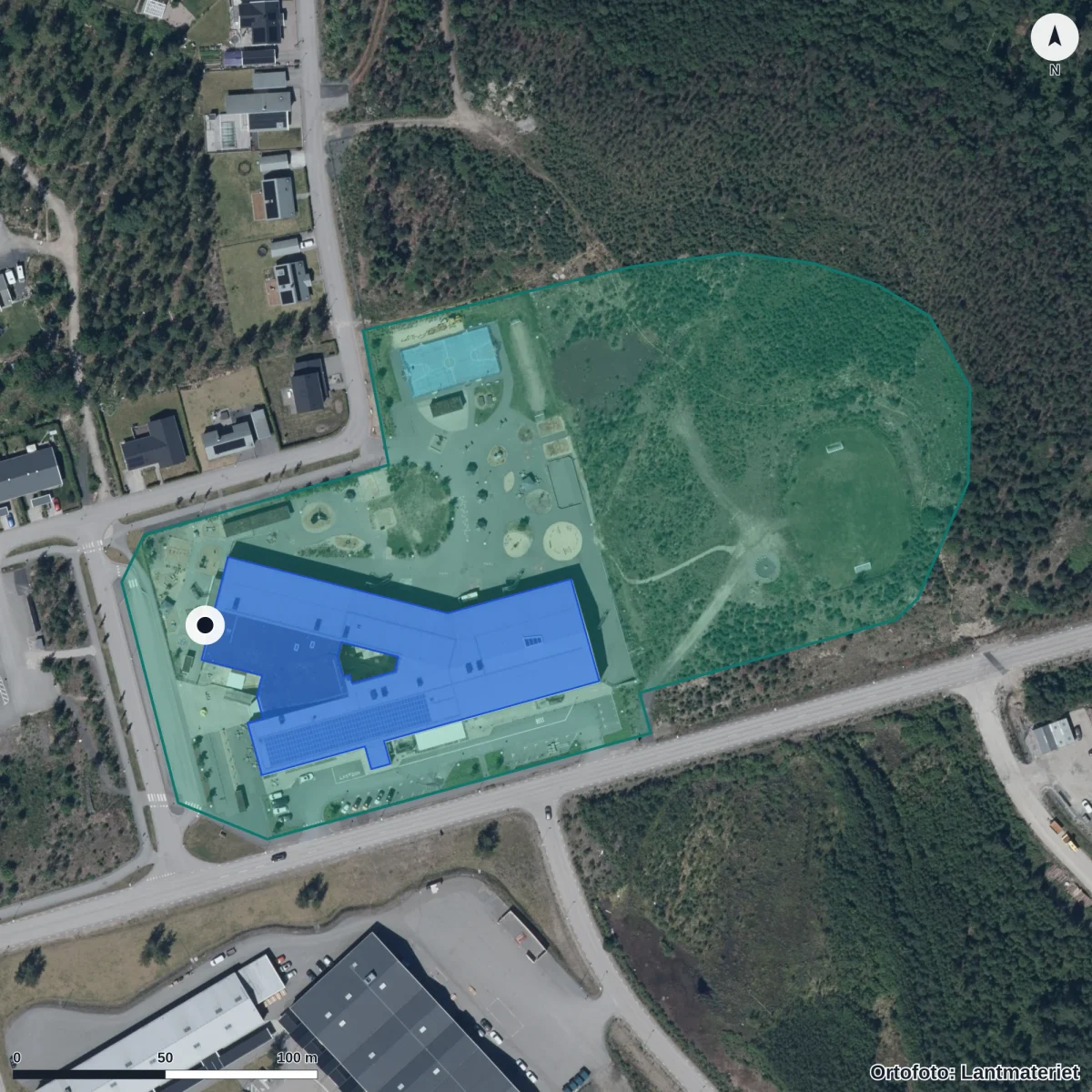 Aerial view of Elmeskolan, orthophoto from Lantmäteriet
