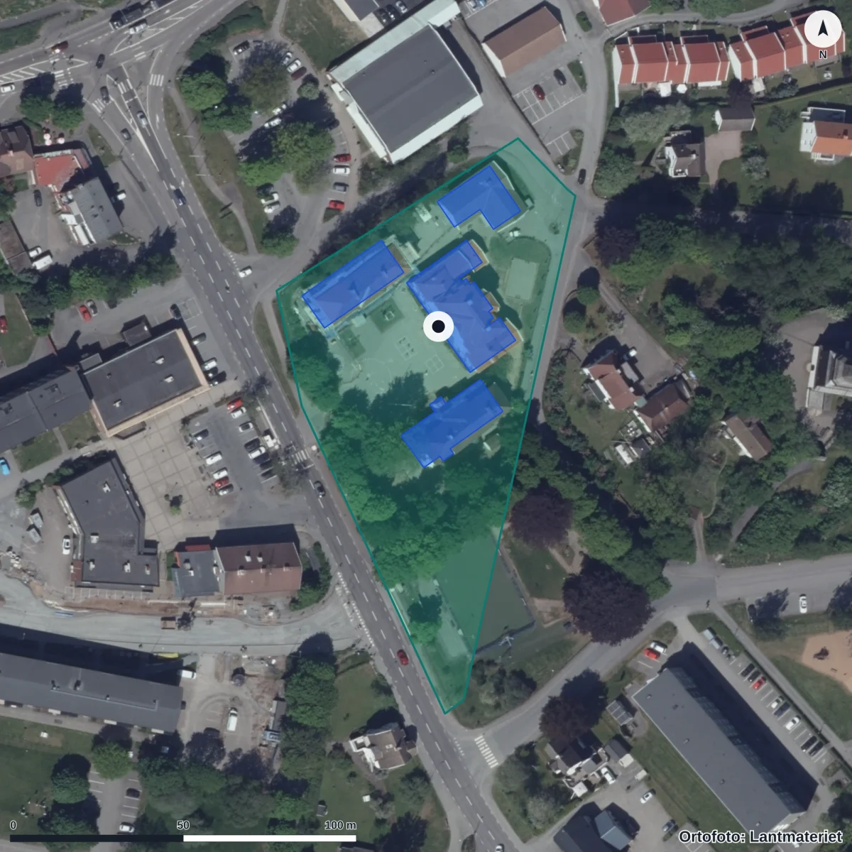 Flygbild över Parkskolan, ortofoto från Lantmäteriet