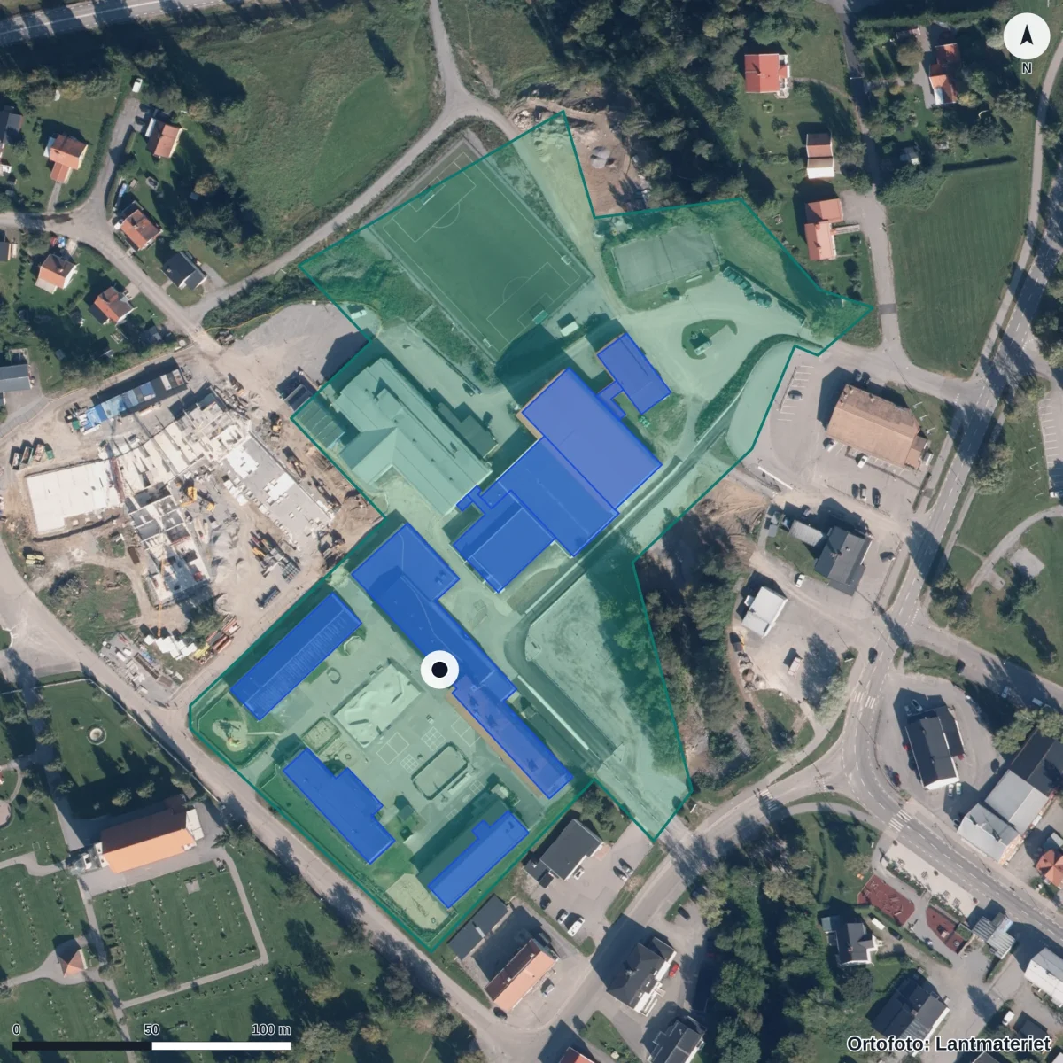 Flygbild över Castorskolan, ortofoto från Lantmäteriet