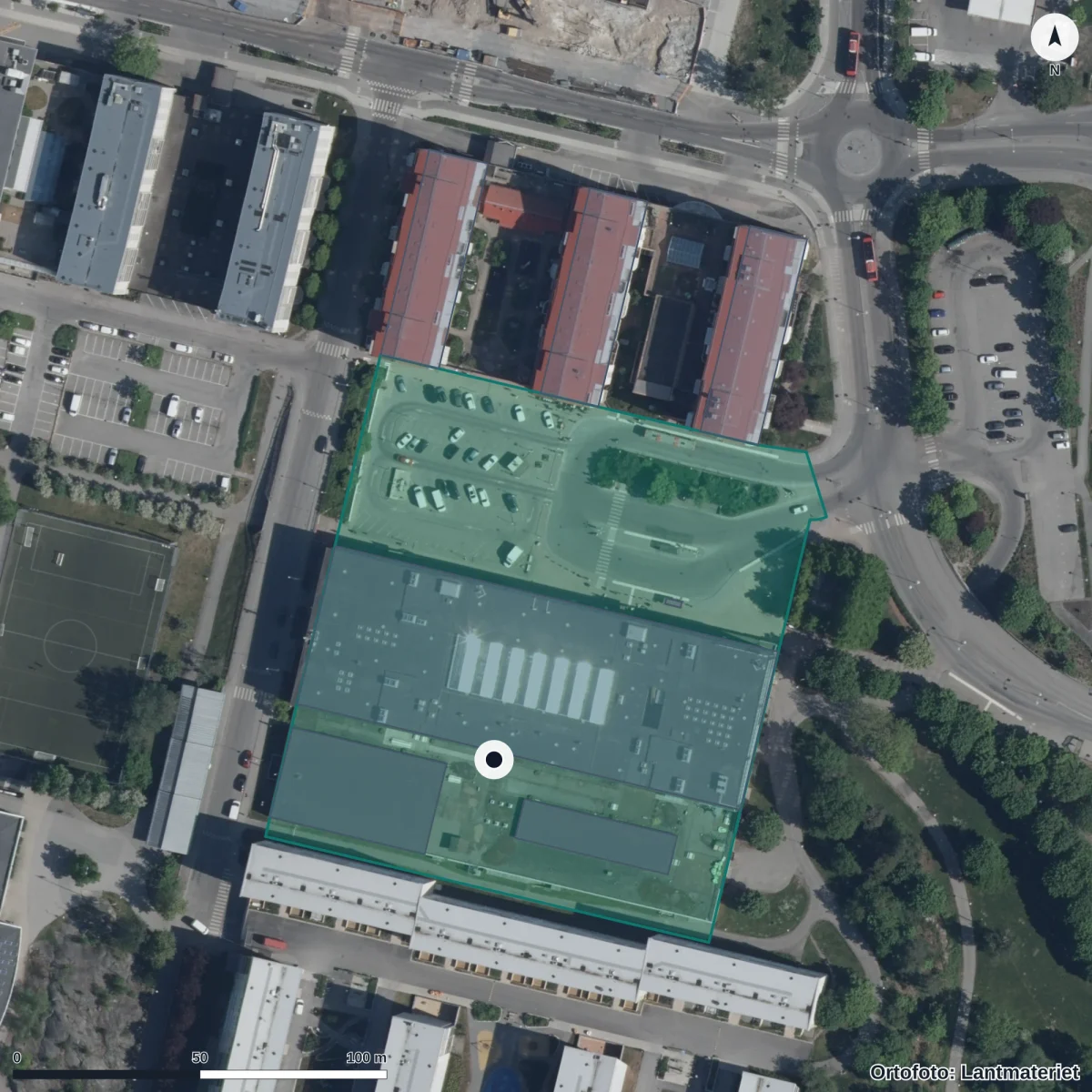 Flygbild över Realgymnasiet, ortofoto från Lantmäteriet