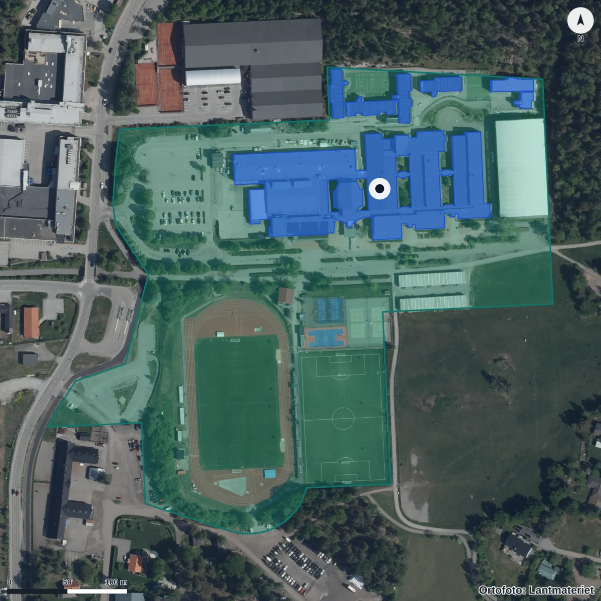 Aerial view of Danderyds gymnasium, orthophoto from Lantmäteriet