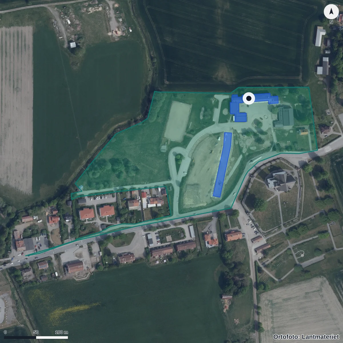 Aerial view of Kyrkskolan, orthophoto from Lantmäteriet