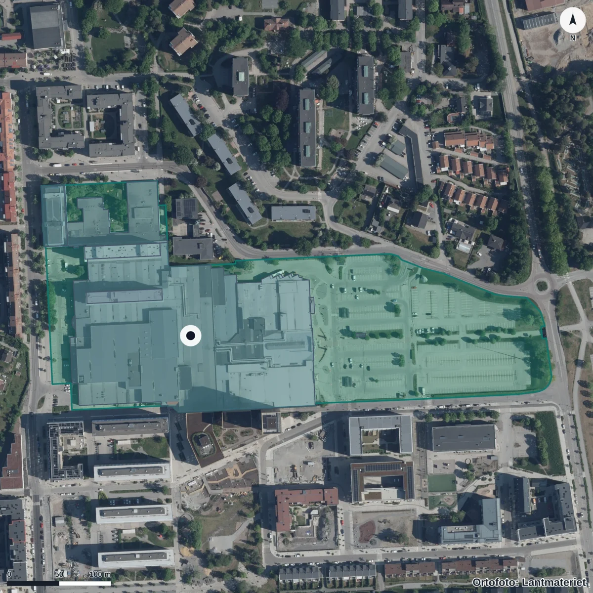 Flygbild över Språk- och mottagningsenheten, ortofoto från Lantmäteriet