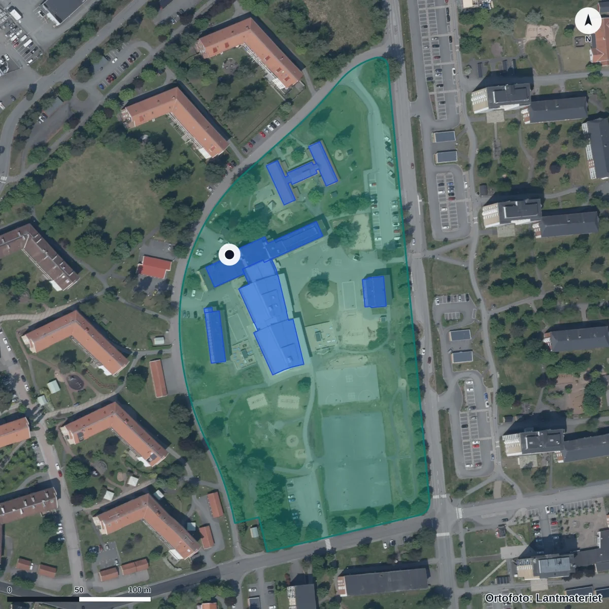 Flygbild över Runnerydsskolan, ortofoto från Lantmäteriet