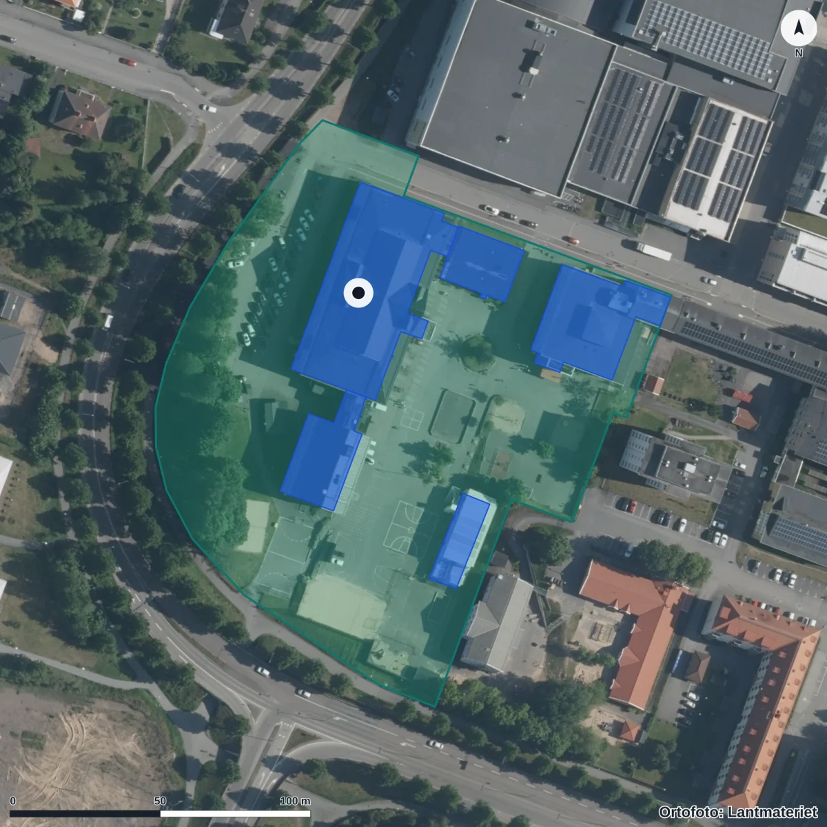 Aerial view of Junedalsskolan, orthophoto from Lantmäteriet