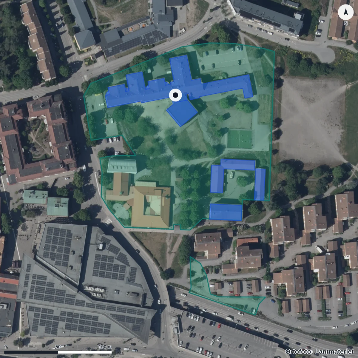 Aerial view of Österåkers gymnasium, orthophoto from Lantmäteriet