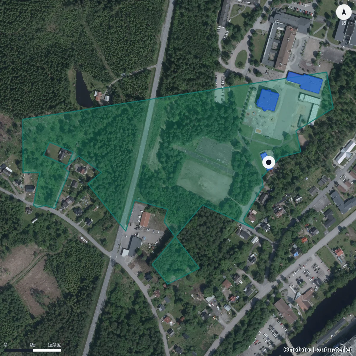 Aerial view of Silverdalsskolan, orthophoto from Lantmäteriet