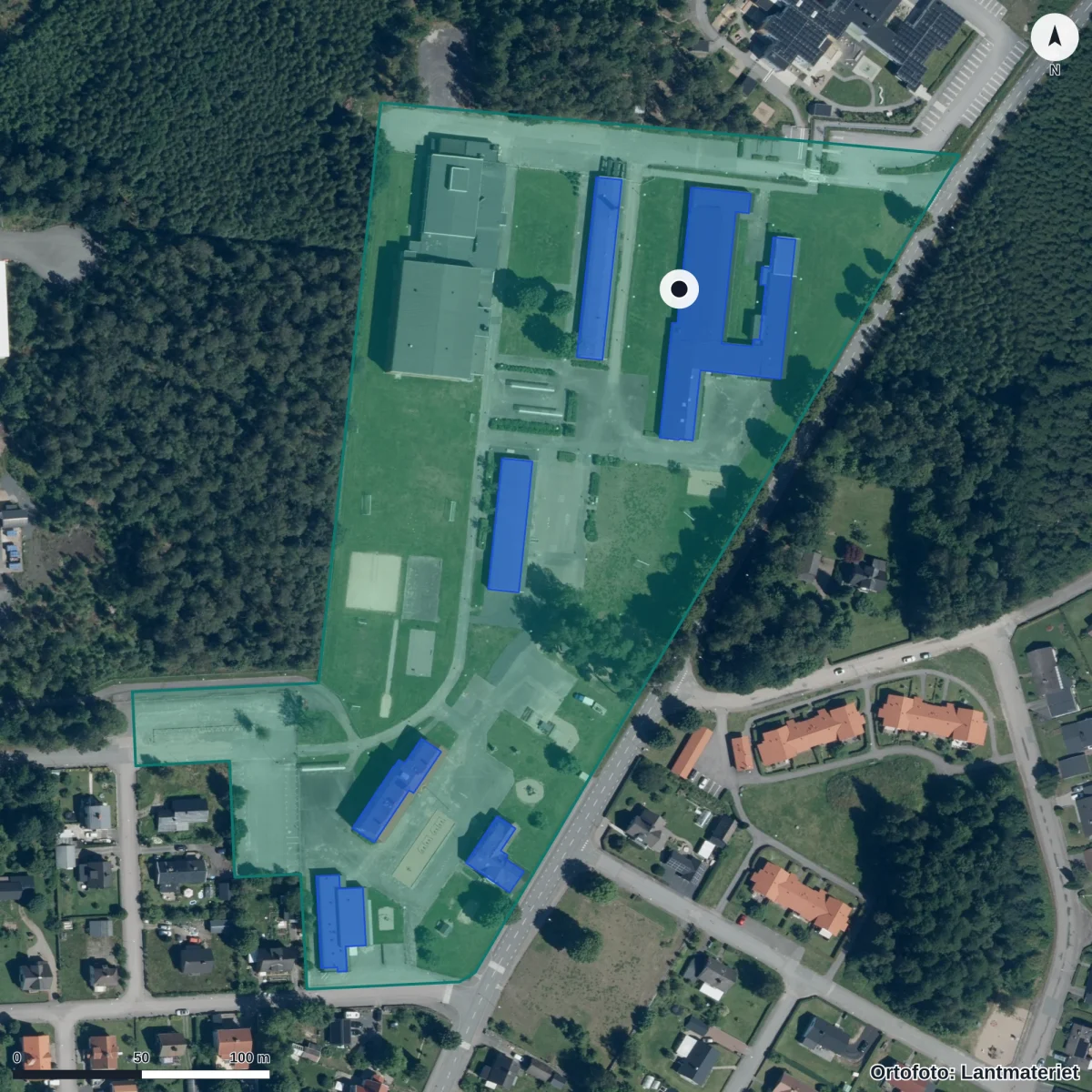 Aerial view of Örkenedskolan, orthophoto from Lantmäteriet