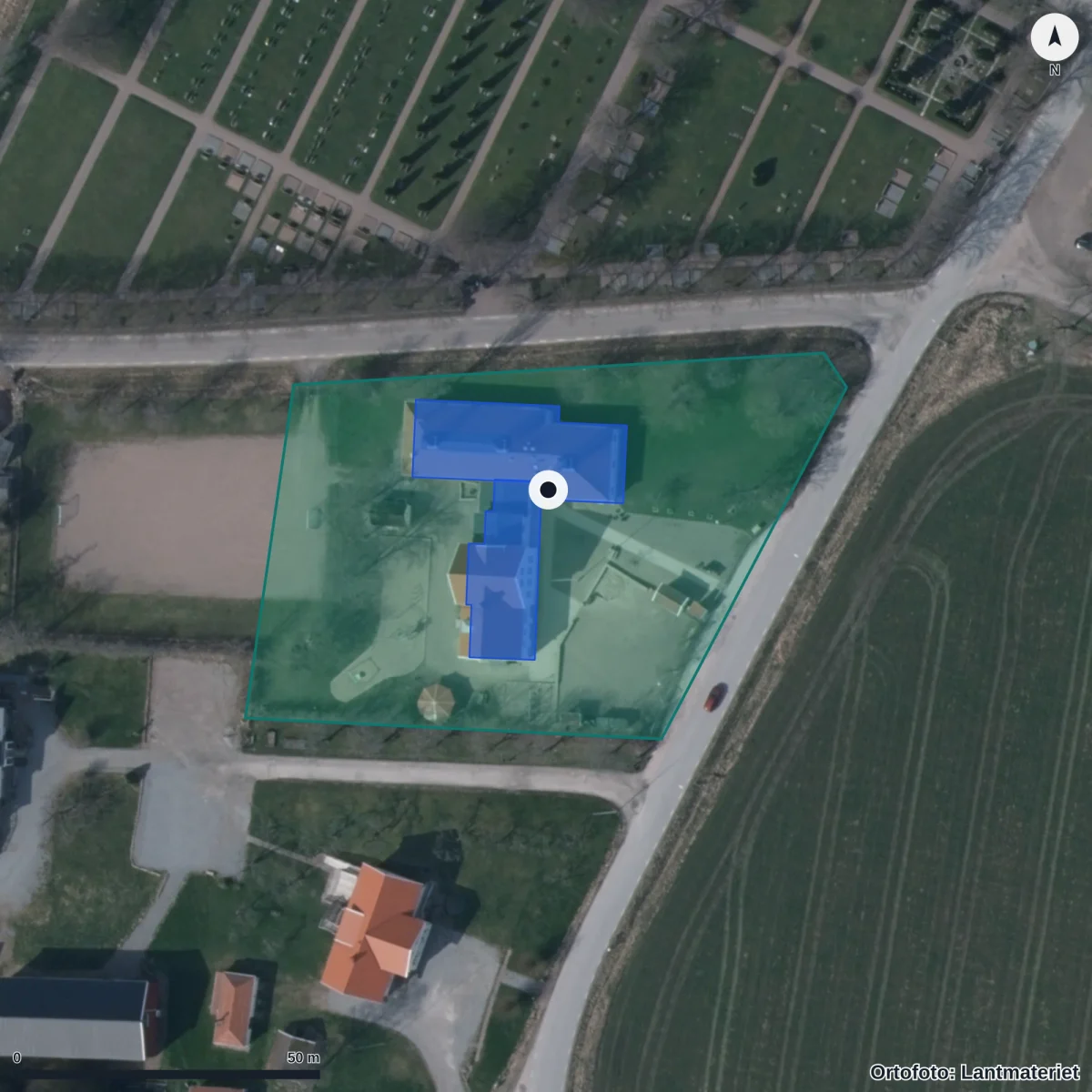 Aerial view of Bro skola, orthophoto from Lantmäteriet