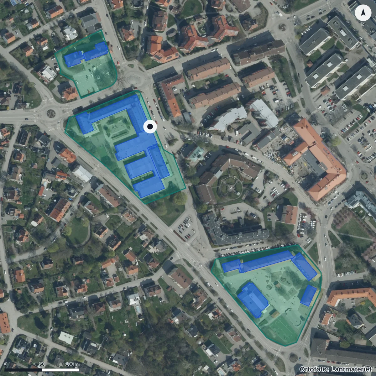 Flygbild över Paulinska skolan, ortofoto från Lantmäteriet